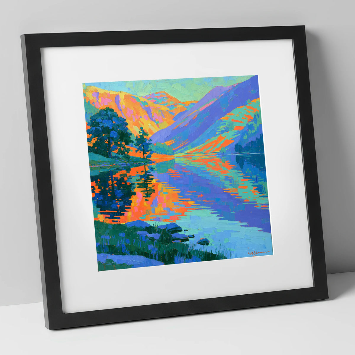 Vibrant Fells and Lake Reflections lake district lake art print in black frame