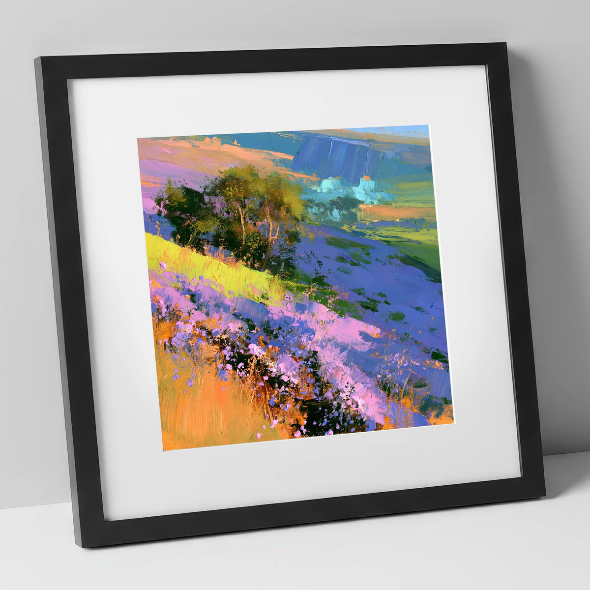 Vibrant Heather Fellside in Bloom flowers & fellsides art print in black frame