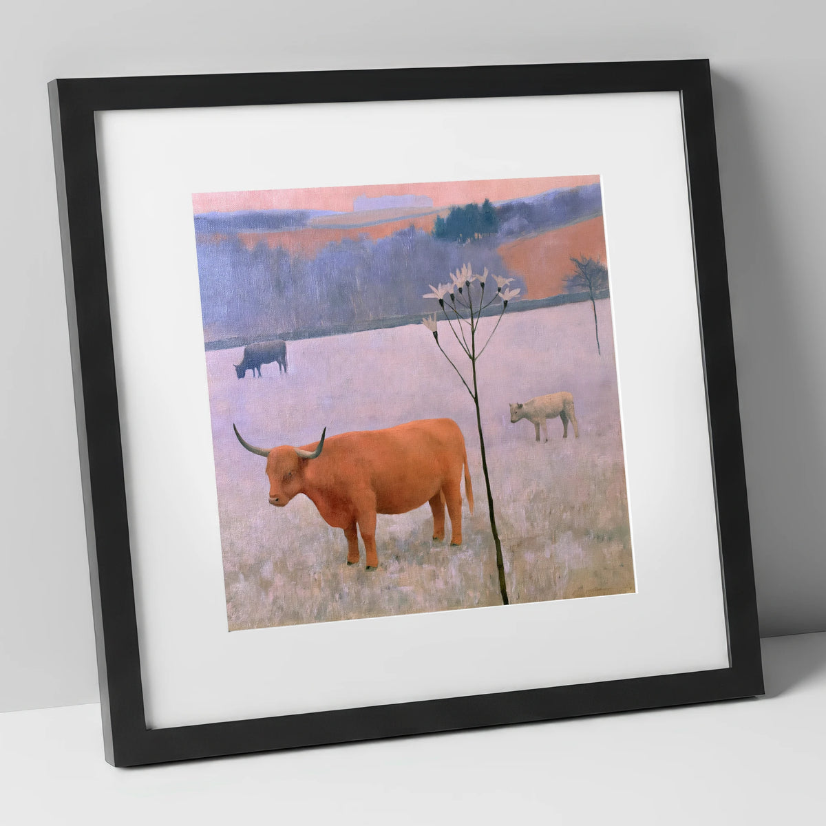 Highland Cattle on Frosted Fells lake district wildlife art print in black frame