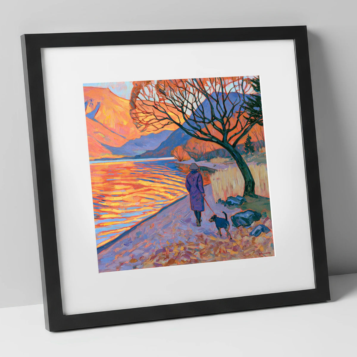 Sunset Dog Walk at Ullswater gifts for dog walkers art print in black frame