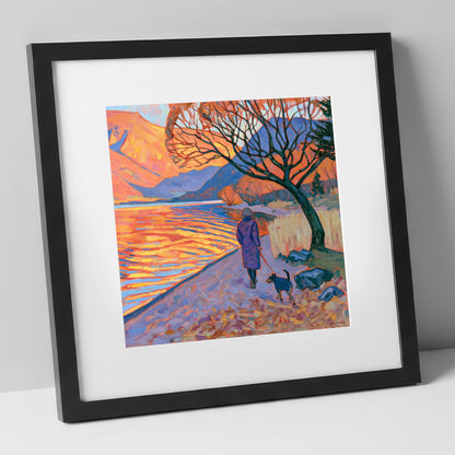 Sunset Dog Walk at Ullswater gifts for dog walkers art print in black frame