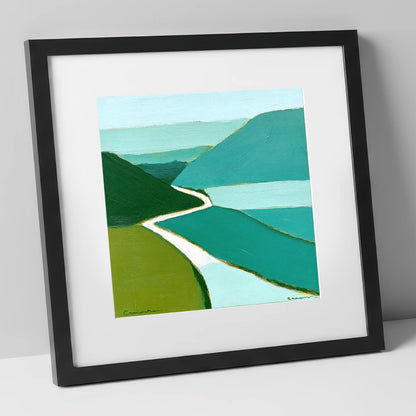 Winding Mountain Pass in Teal lake district valley art print in black frame