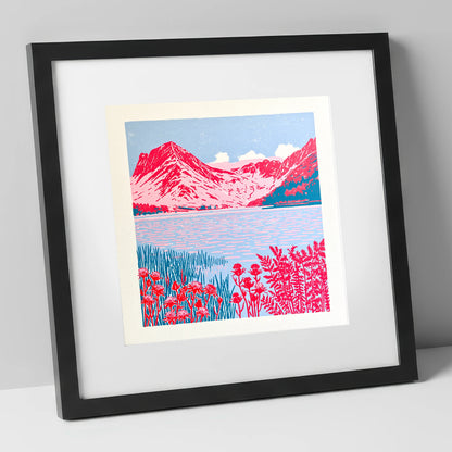 Bold Pink Fells of Buttermere lake district lake art print in black frame
