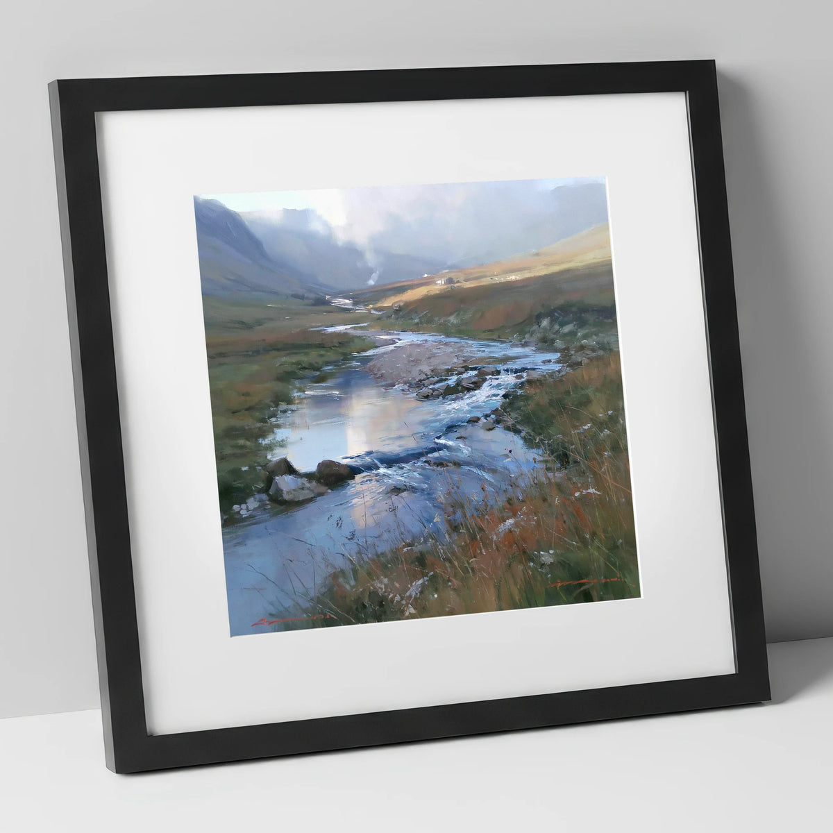 Winding Valley River in Sunlight lake district waterfall art print in black frame