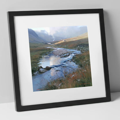 Winding Valley River in Sunlight lake district waterfall art print in black frame