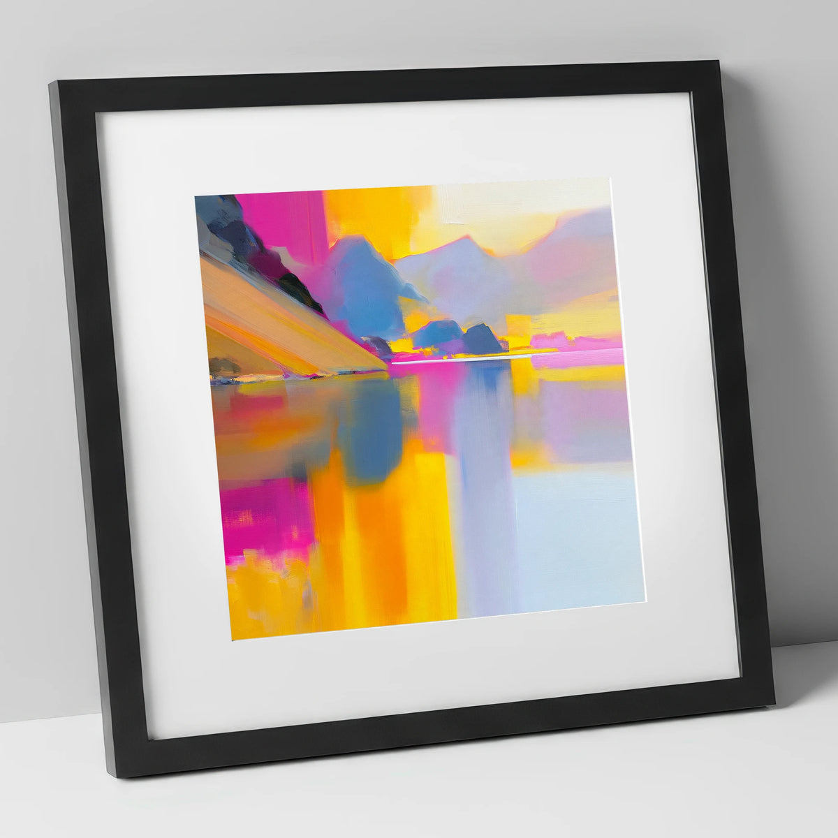 Loweswater Fells in Bold Magenta lake district lake art print in black frame
