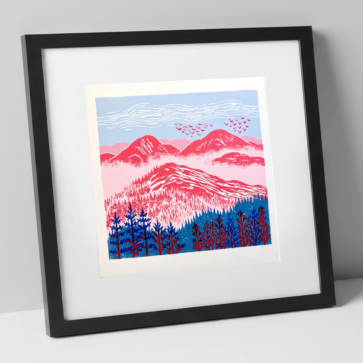 Red Misty Mountain Ridge lake district fell art print in black frame