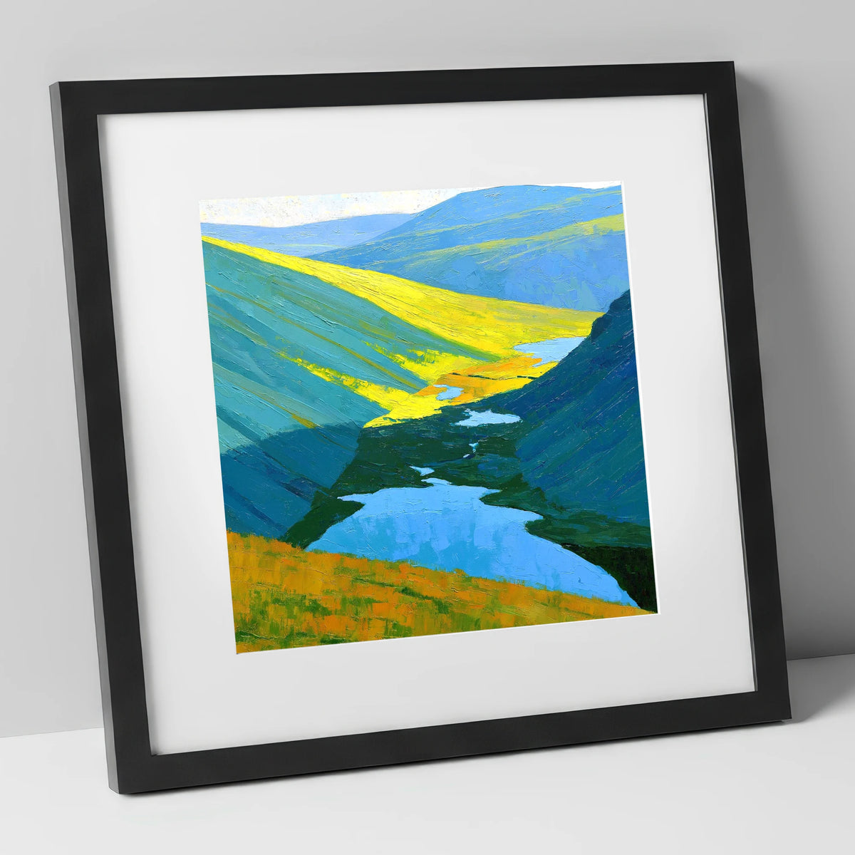 Sunlit Fells over Deep Blue Tarns lake district fell art print in black frame