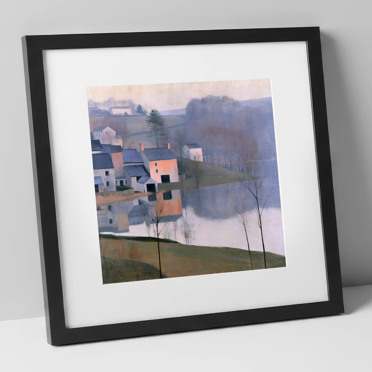 Pastel Lakeside Village Reflections lake district village art print in black frame