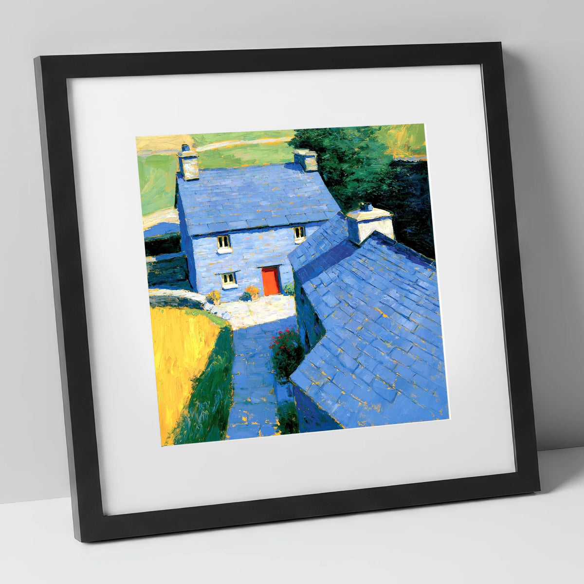 Vibrant Blue Slate Cottages lake district village art print in black frame