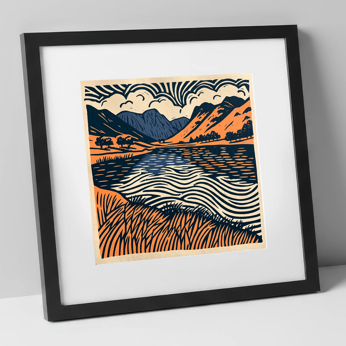 Calm Lake in Navy and Terracotta lake district lake art print in black frame