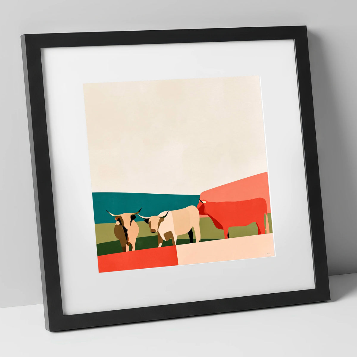 Abstract Highland Cattle and Fells lake district wildlife art print in black frame