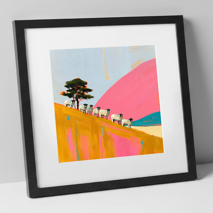 Herdwick Sheep on Pink Fellside lake district wildlife art print in black frame