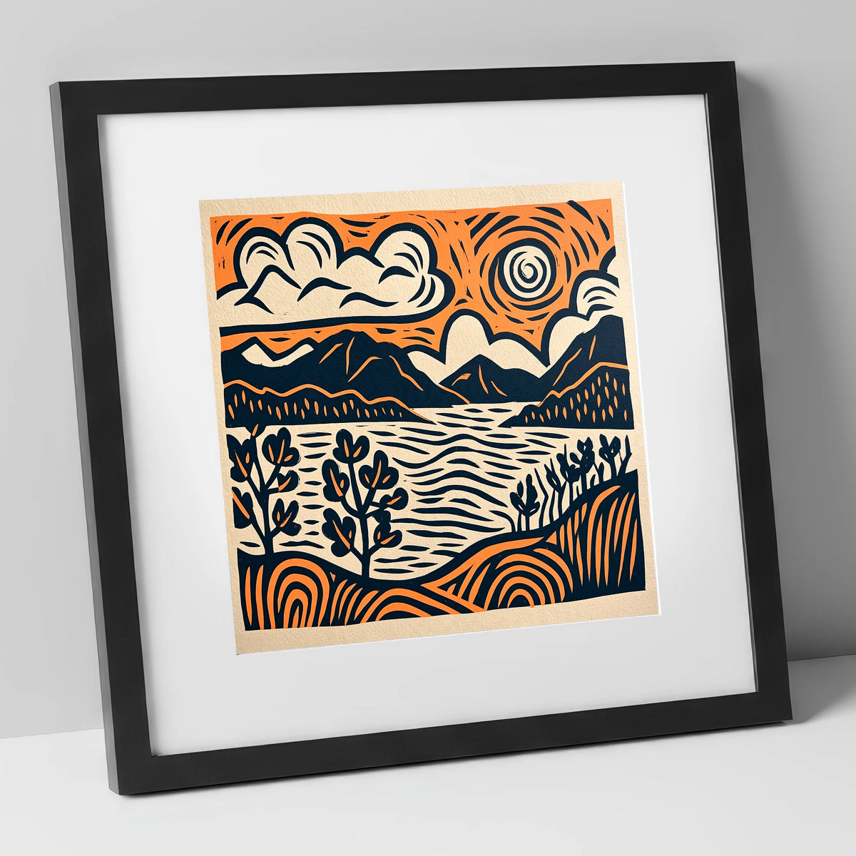 Windermere in Navy and Terracotta lake district lake art print in black frame