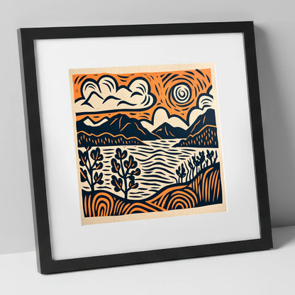 Windermere in Navy and Terracotta lake district lake art print in black frame