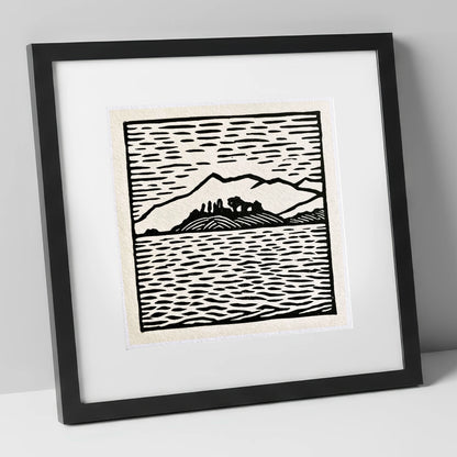 Bold Monochrome Derwentwater Island lake district lake art print in black frame