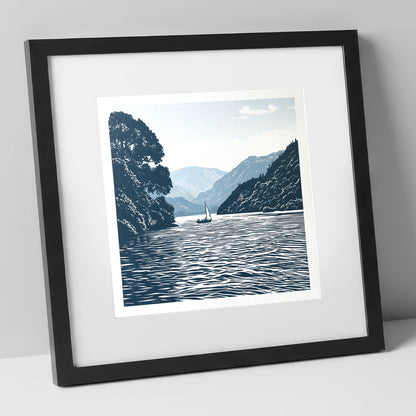 Ullswater Sailboat in Navy Blue lake district lake art print in black frame