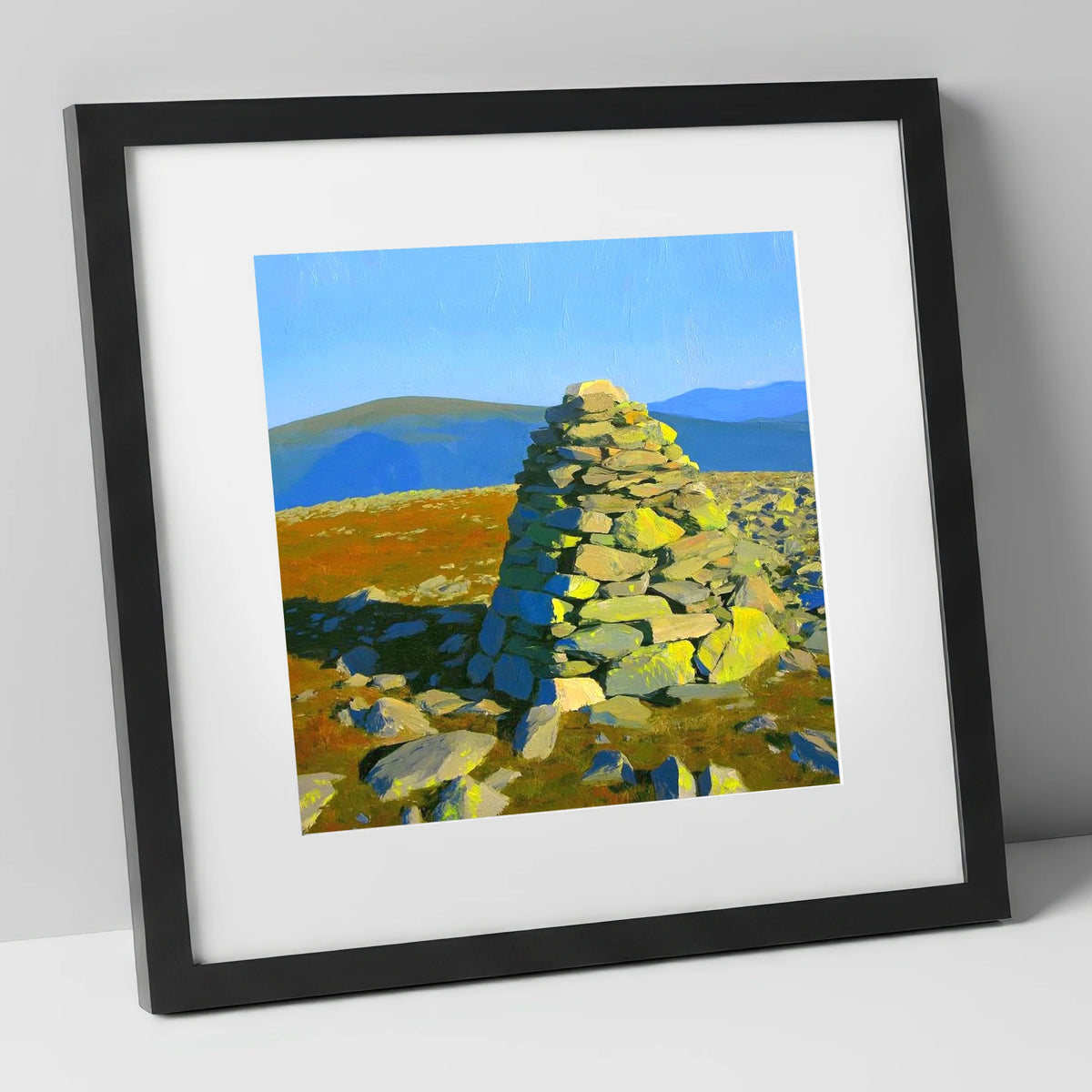 Sunlit Cairn on Brim Fell lake district fell art print in black frame