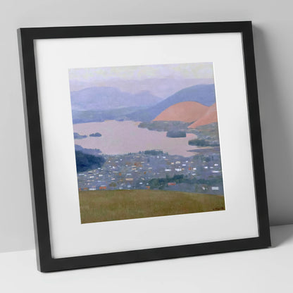 Keswick and Derwentwater Pastel Dusk lake district village art print in black frame