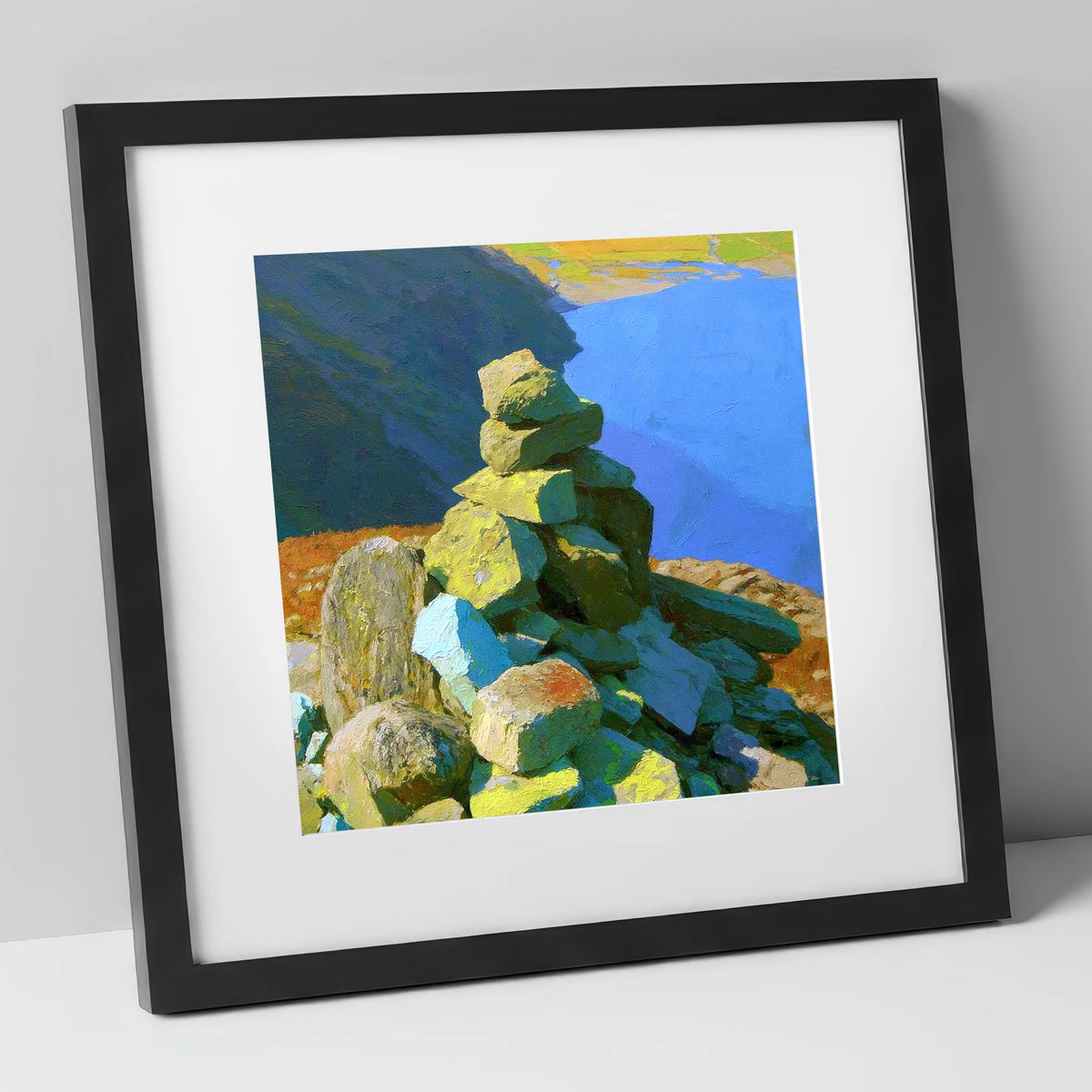 Sunlit Calf Crag Stone Cairn lake district fell art print in black frame