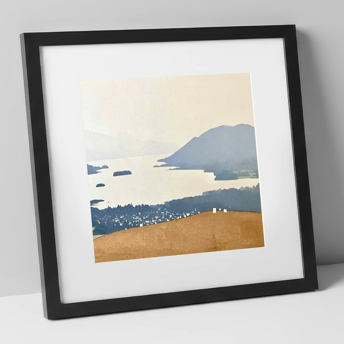 Misty Derwentwater from Latrigg lake district village art print in black frame