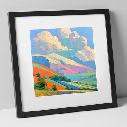 Vibrant Rolling Fells Under Cloud lake district fell art print in black frame