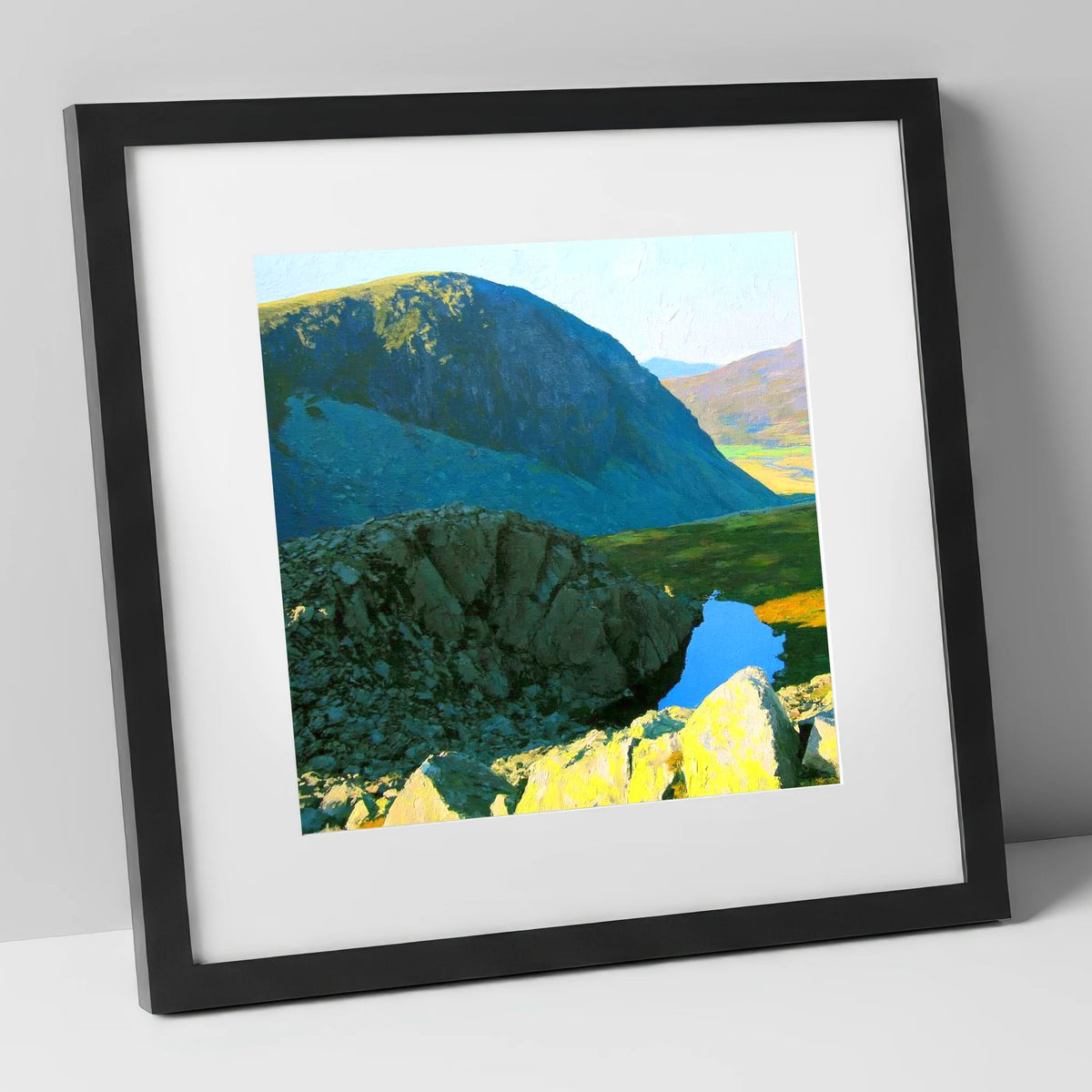 High Crag and Sunlit Tarn lake district fell art print in black frame