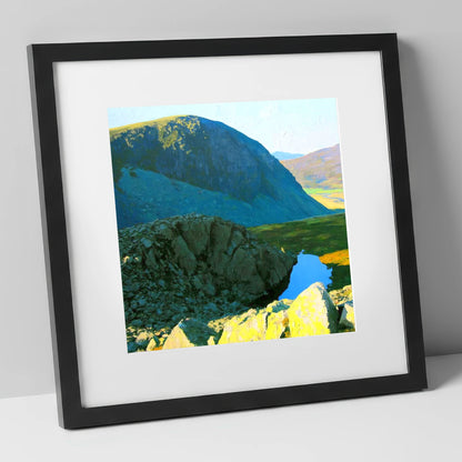 High Crag and Sunlit Tarn lake district fell art print in black frame