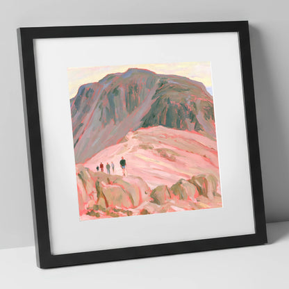 Fell Walkers in Pastel Pink lake district fell art print in black frame