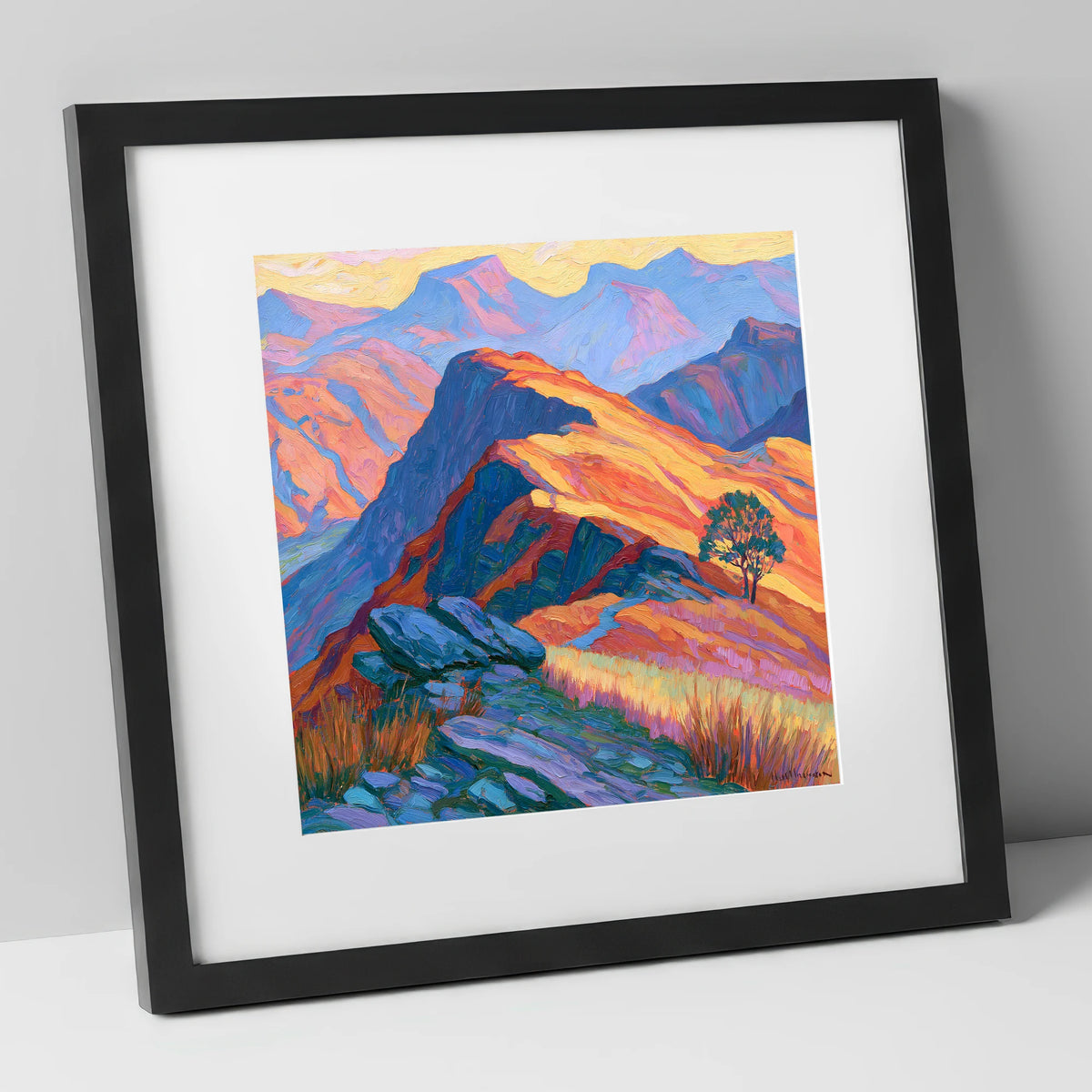 Vibrant Sunlit Mountain Ridge lake district fell art print in black frame