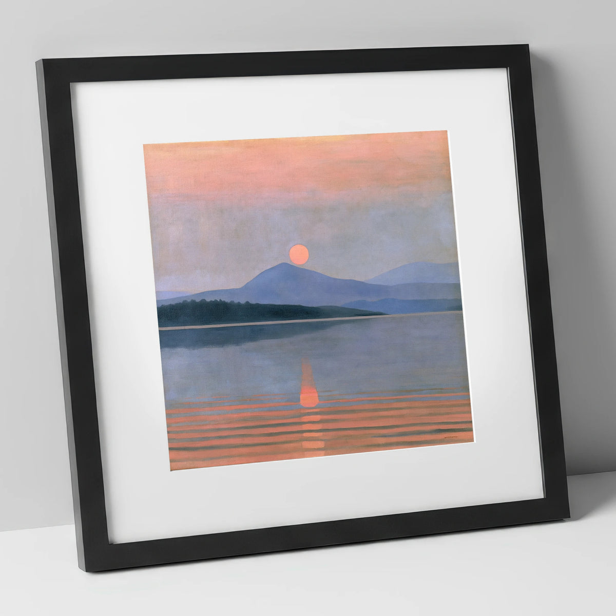 Peach Sunset Over the Water lake district lake art print in black frame