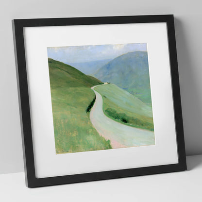 Winding Pass in Soft Greens lake district valley art print in black frame