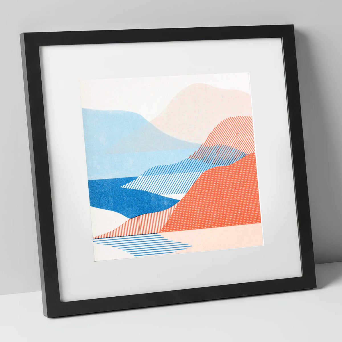 Modern Eskdale Valley in Coral lake district valley art print in black frame