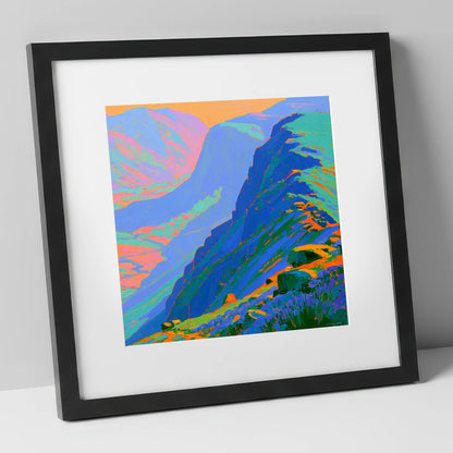 Electric Blue Mountain Ridge lake district fell art print in black frame