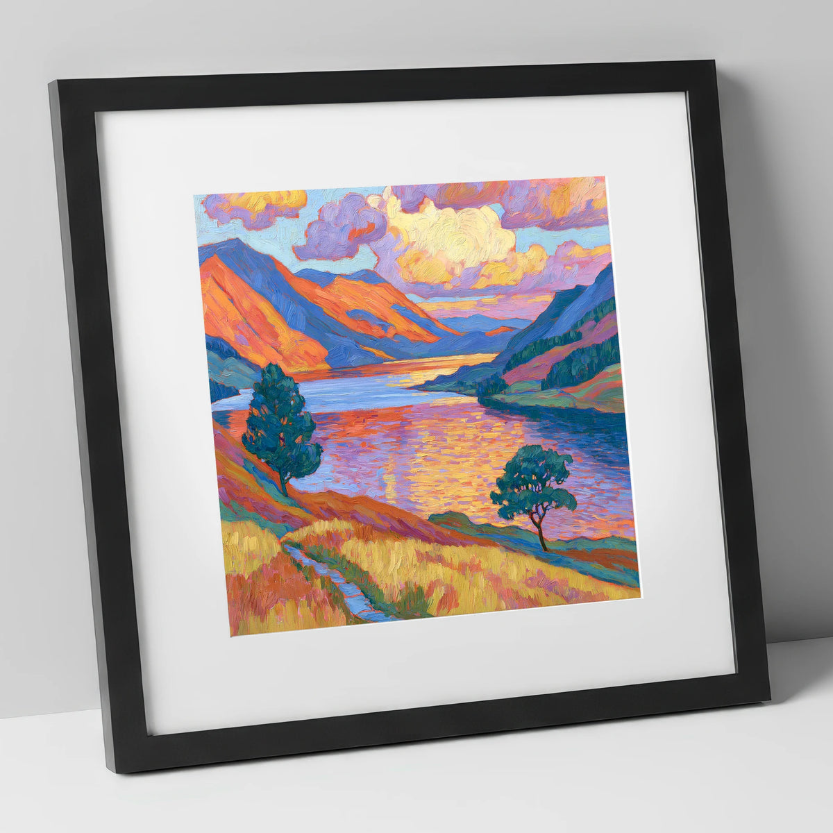 Radiant Evening Glow on the Fells lake district lake art print in black frame