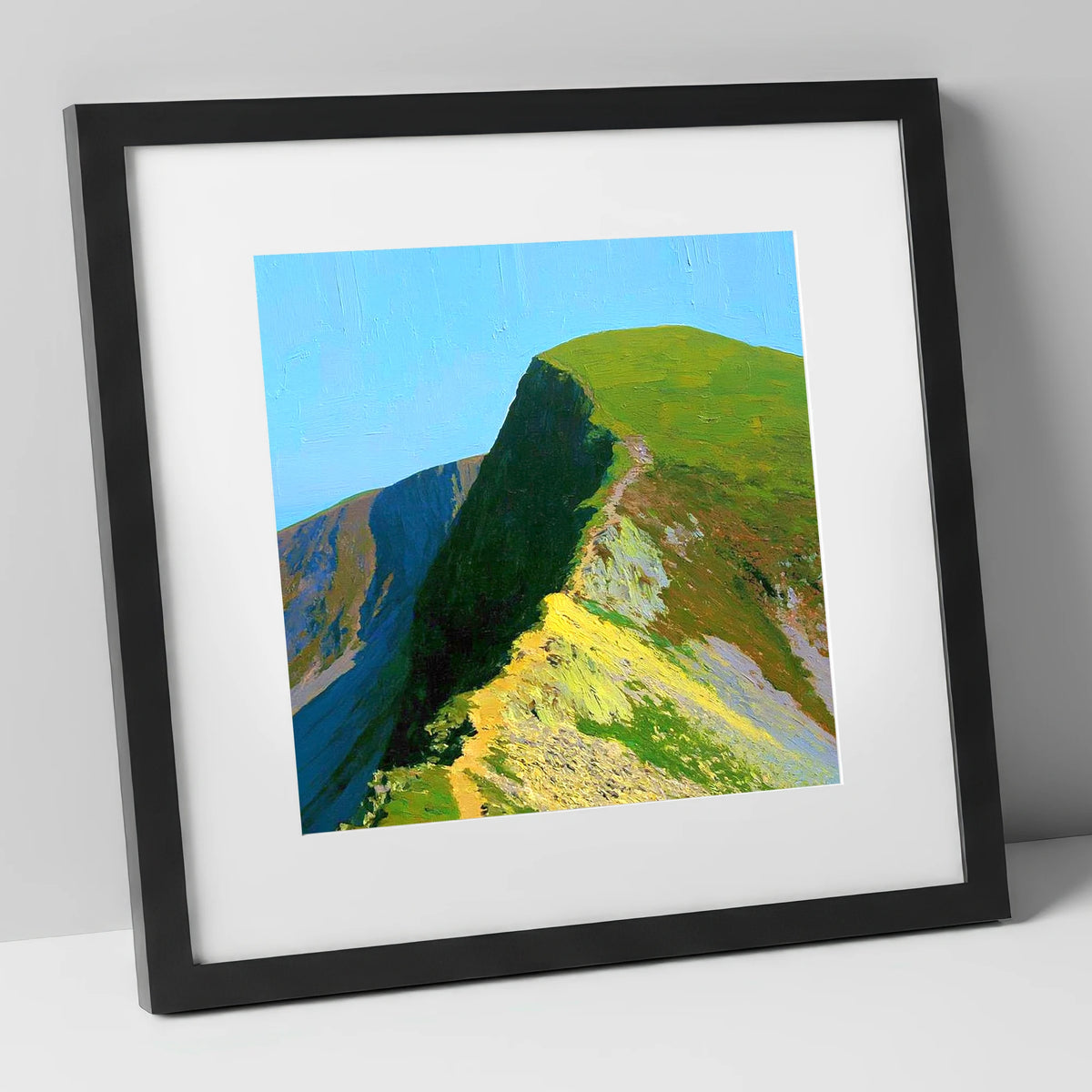 Sunlit Crag Hill Ridge Path lake district fell art print in black frame