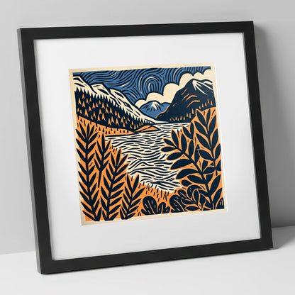 Navy and Terracotta Lake Dawn lake district lake art print in black frame