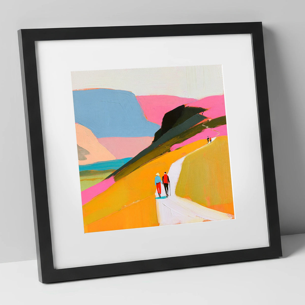 Walkers Ascending Colourful Fells lake district walking art print in black frame