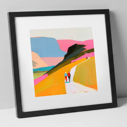 Walkers Ascending Colourful Fells lake district walking art print in black frame