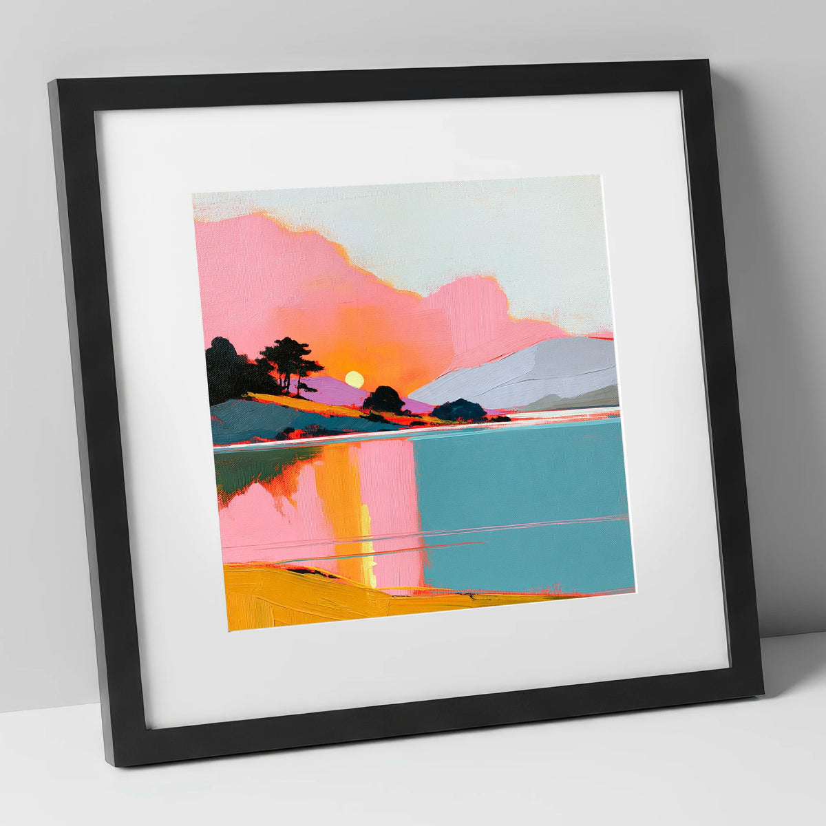 Pink Sunset Over Lake Water lake district lake art print in black frame