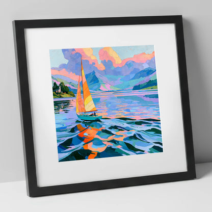 Vibrant Sailboat on Breezy Lake lake district walking art print in black frame