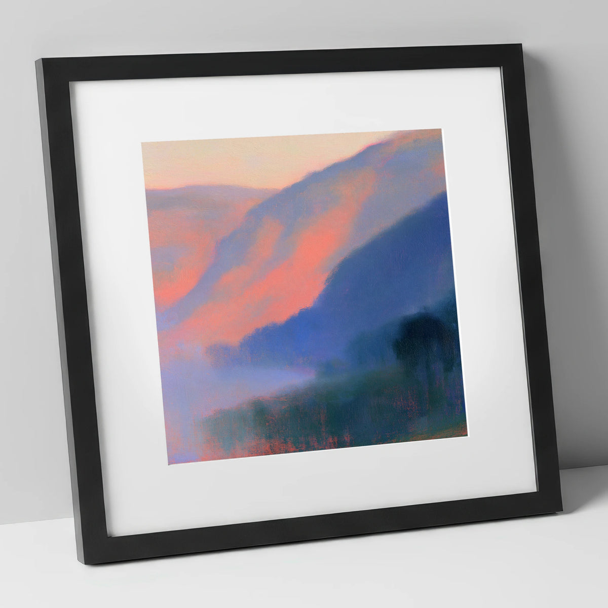Pink Dawn Over Valley Mist lake district sky art print in black frame