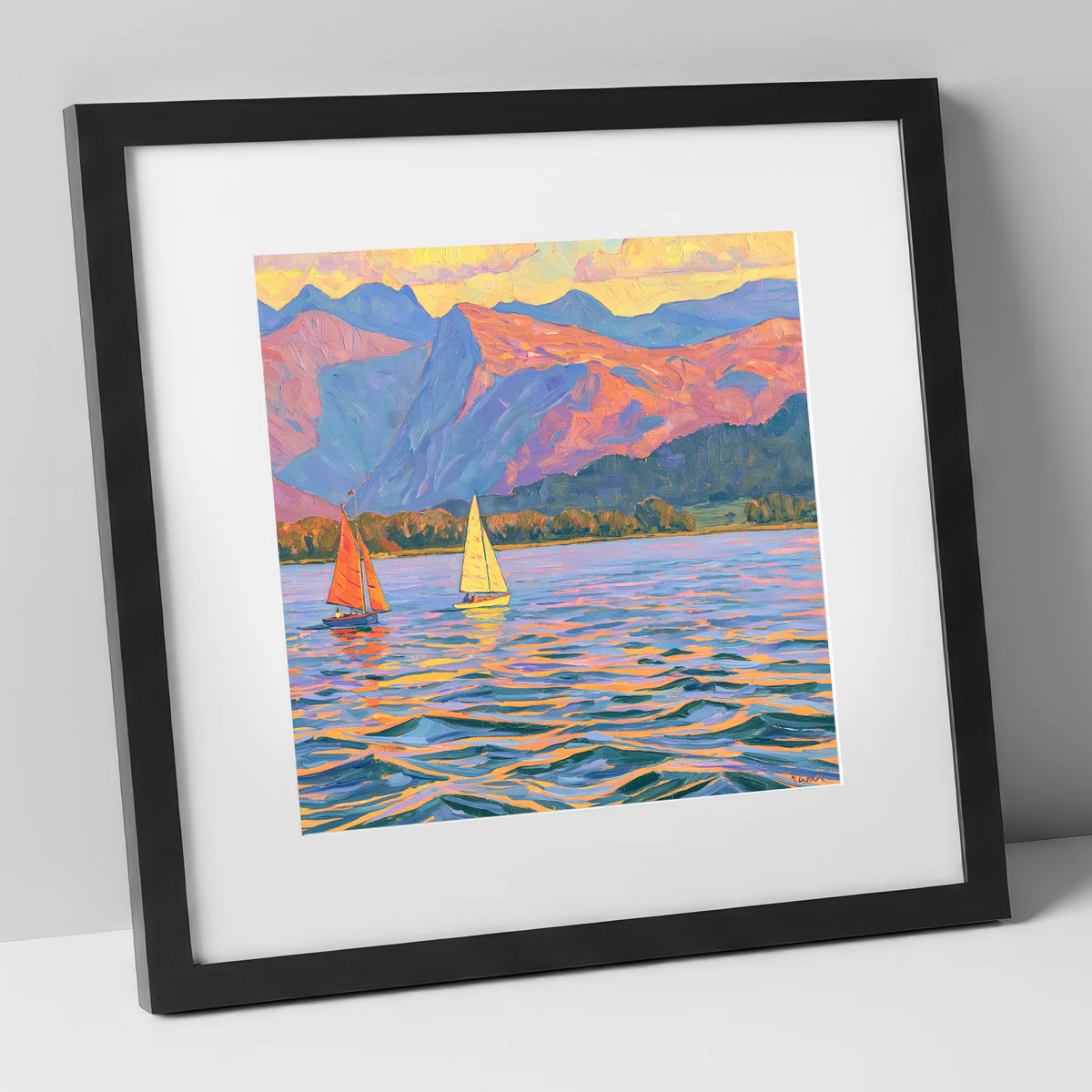 Colourful Evening Sails on Windermere lake district lake art print in black frame