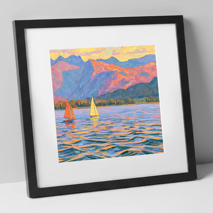 Colourful Evening Sails on Windermere lake district lake art print in black frame