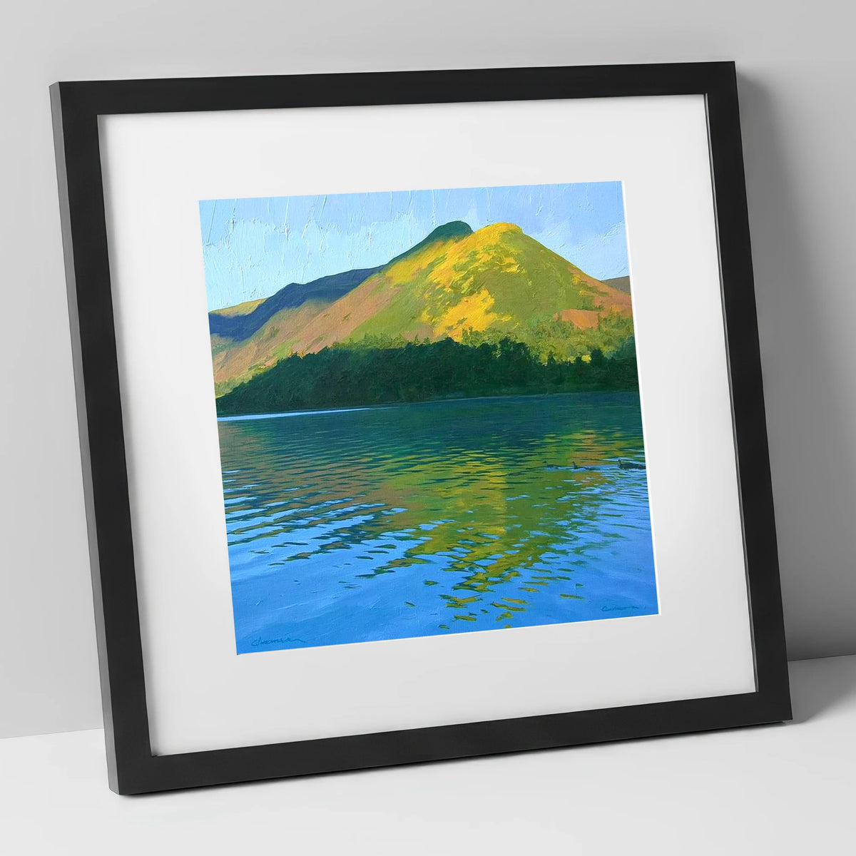 Sunlit Cat Bells Over Water lake district fell art print in black frame