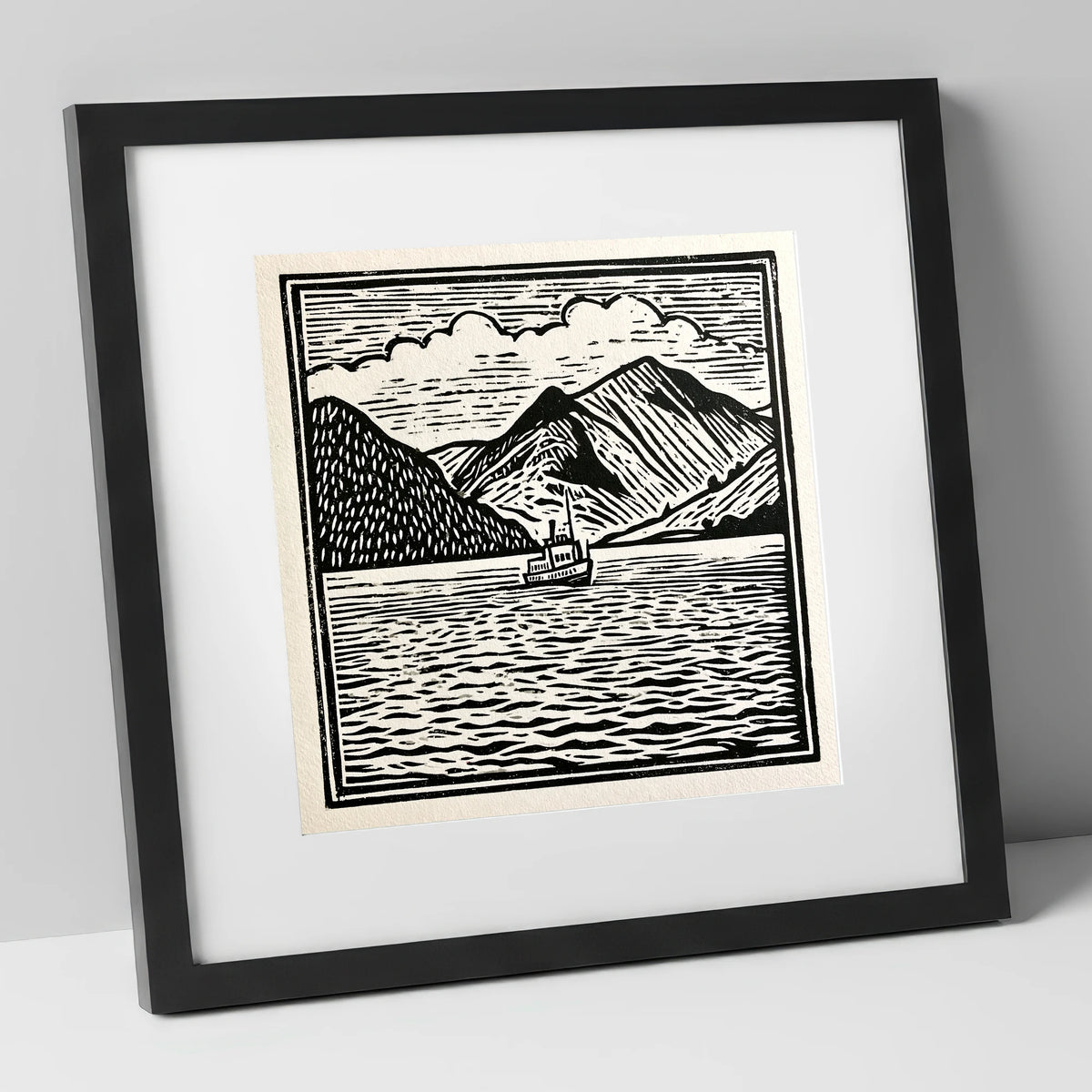 Bold Monochrome Ullswater Steamer lake district lake art print in black frame