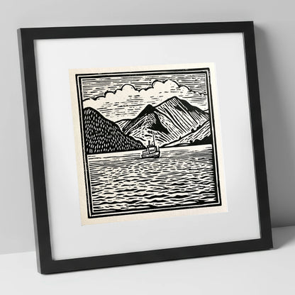 Bold Monochrome Ullswater Steamer lake district lake art print in black frame