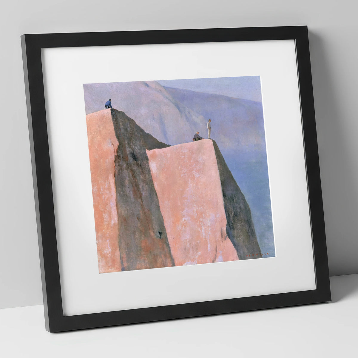 Climbers on a Pastel Crag lake district walking art print in black frame