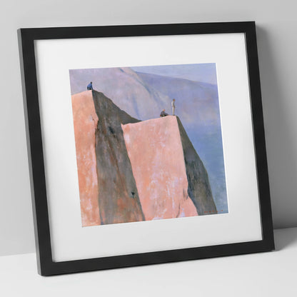 Climbers on a Pastel Crag lake district walking art print in black frame