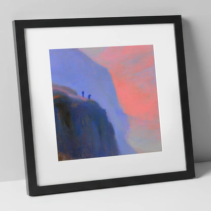Crag Climbers in Pink Twilight lake district walking art print in black frame